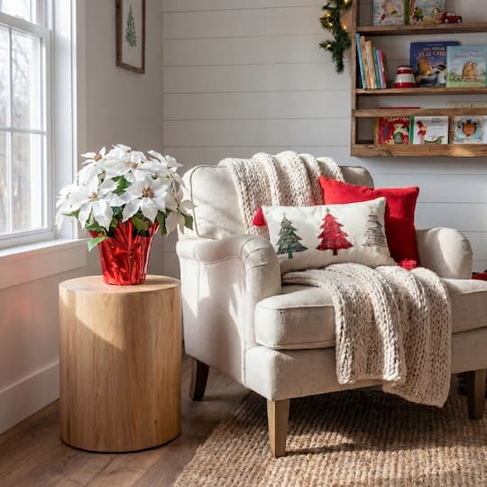 Nearly Natural 19" White Lush Poinsettia in Red Wrapped Artificial Planter
